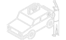 Line drawing of a person waving at a taxi with a lit "TAXI" sign on the roof.